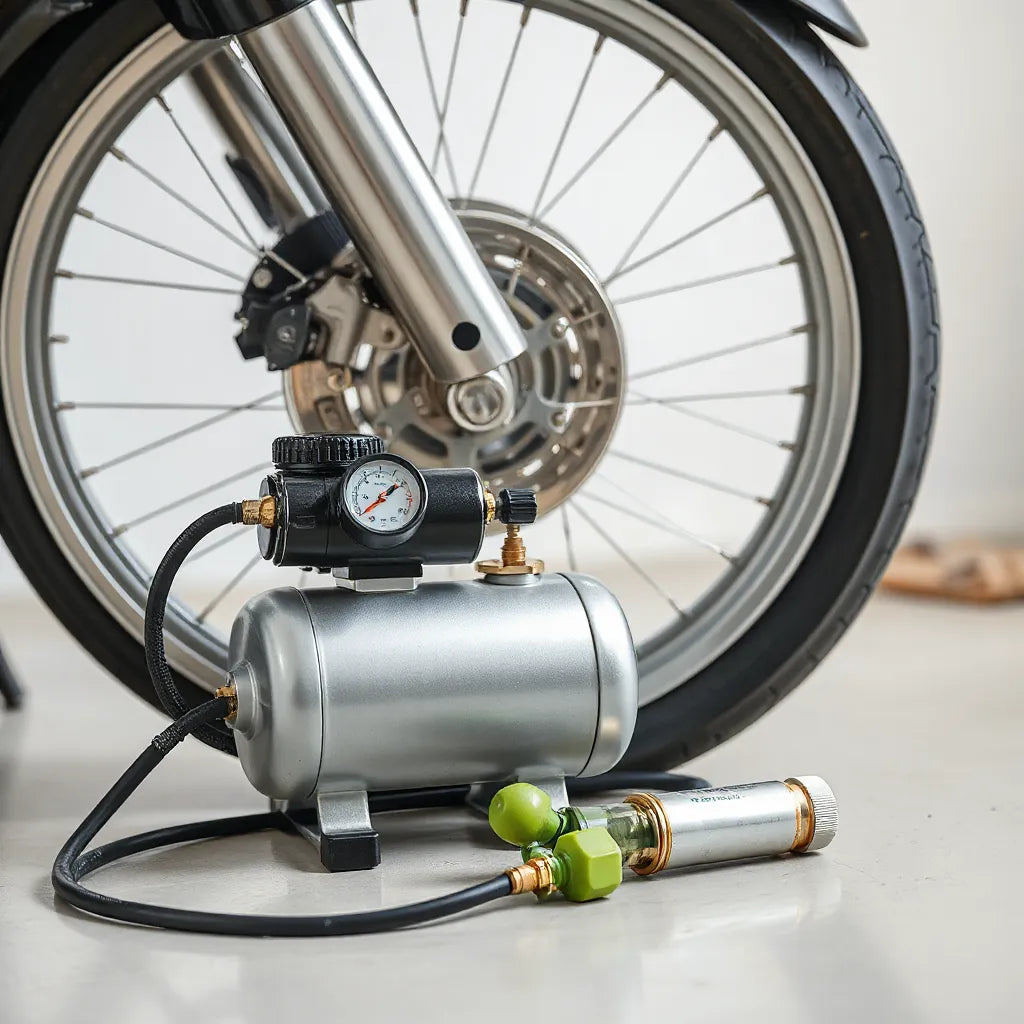 Compresseur portable relié à la valve d’un pneu de moto avec jauge de pression