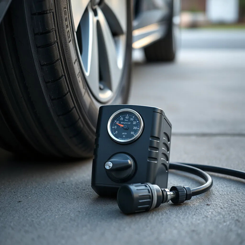 Gonfleur d air automatique branché à un pneu de voiture sur une allée, avec flexible et cadran de pression