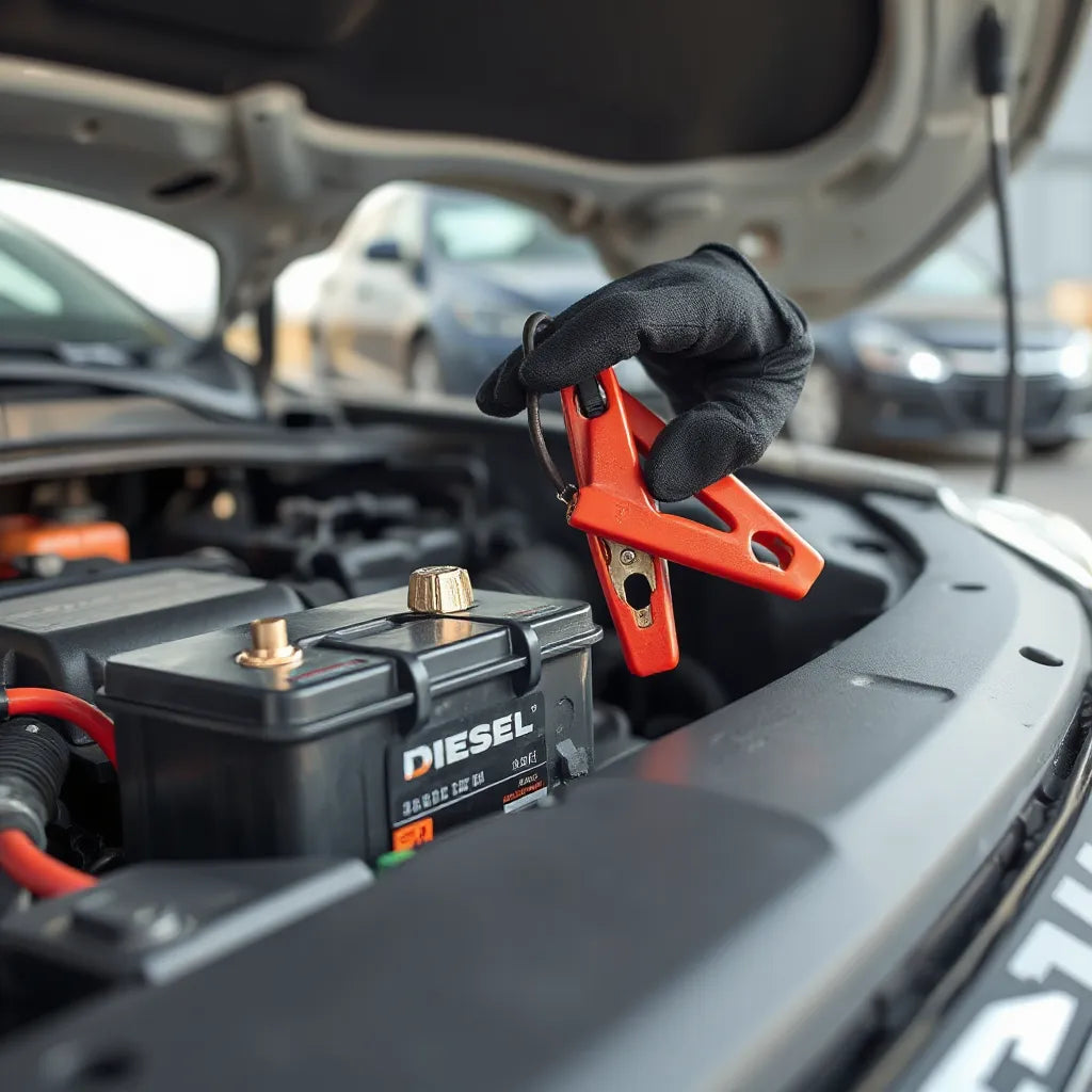 Mains gantées reliant des câbles de démarrage à la batterie d une voiture, moteur visible