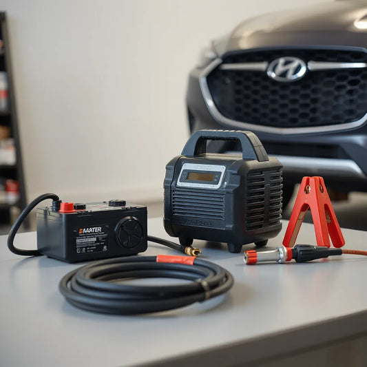 Starthilfegerät compact avec compresseur d’air, pinces de démarrage et tuyau à côté d’une batterie