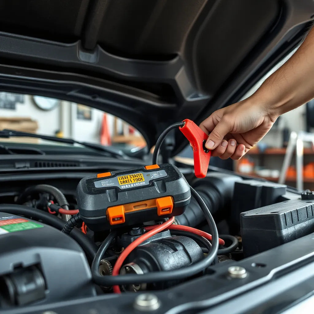 Mains connectant des câbles de démarrage sur la batterie d’un véhicule diesel