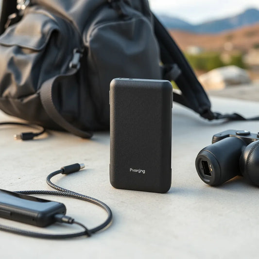 Batterie externe portable posée près d’un sac de voyage avec câble de chargement