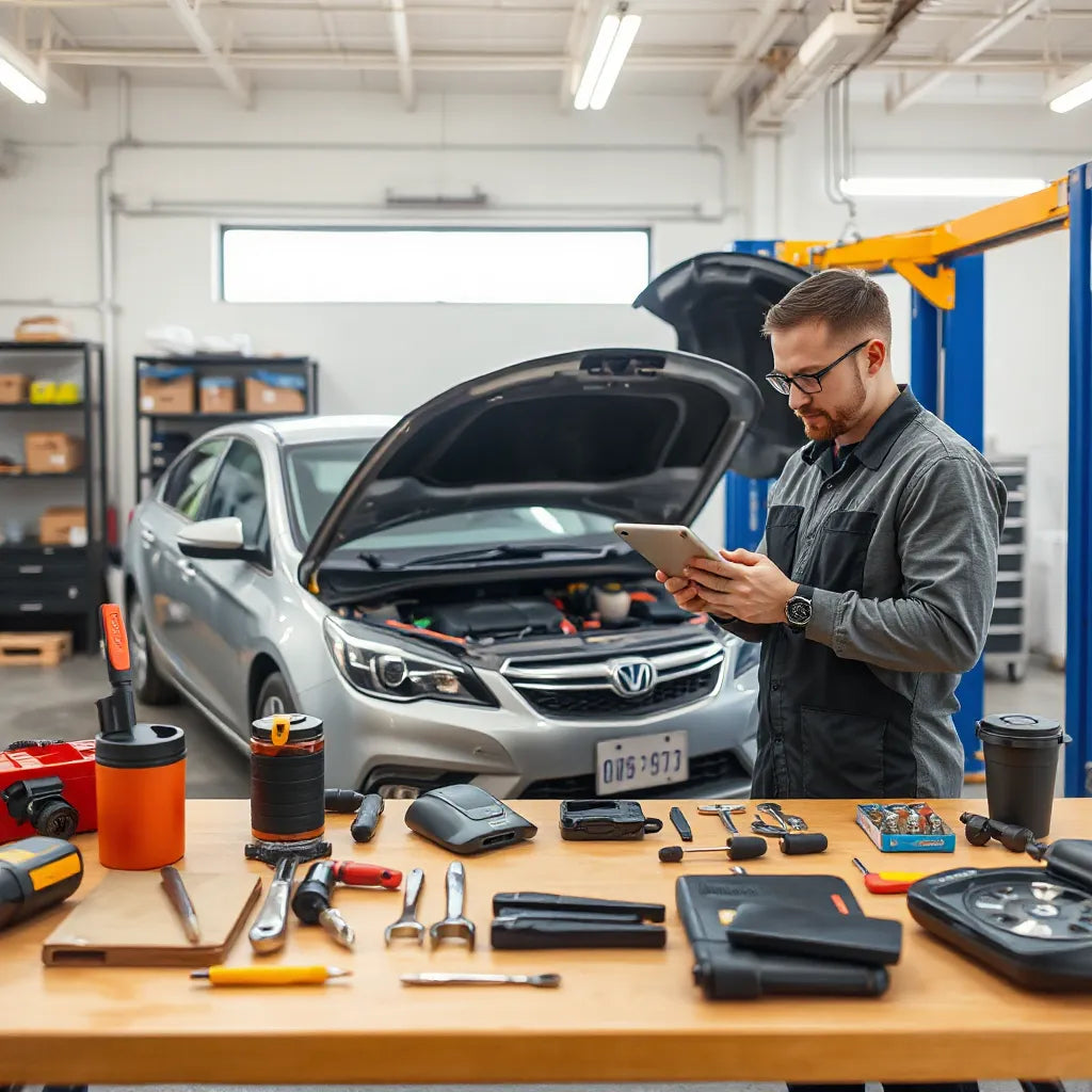 Mécanicien inspectant le moteur d’une voiture avec un outil de diagnostic dans un atelier propre