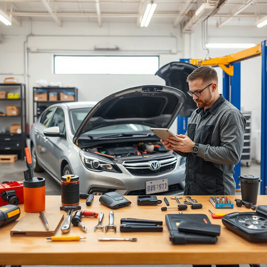 Mécanicien inspectant le moteur d’une voiture avec un outil de diagnostic dans un atelier propre