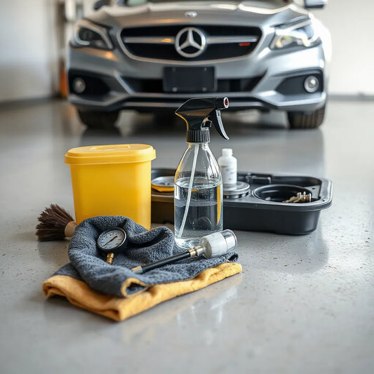 Accessoires de nettoyage et entretien automobile disposés dans un garage, avec outils et chiffon microfibre