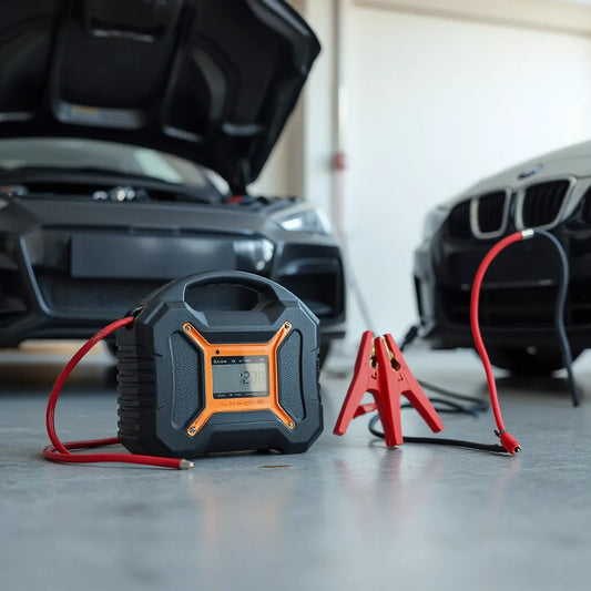 Dispositif de démarrage tout-en-un près de la batterie de voiture avec pinces de câble visibles