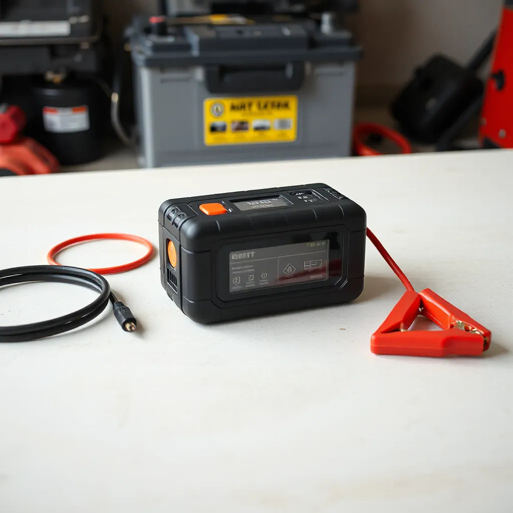 Démarreur compact et câbles de démarrage posés près d une batterie de voiture dans un garage