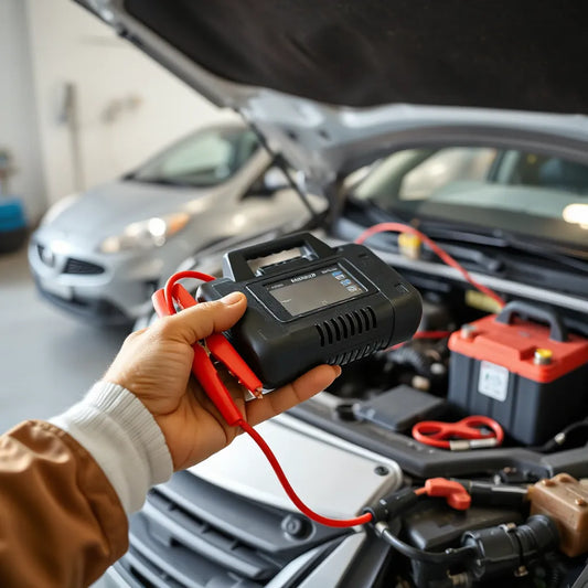 Mains connectant les pinces rouge et noire d’un démarreur portable à la batterie d’une voiture, capot ouvert