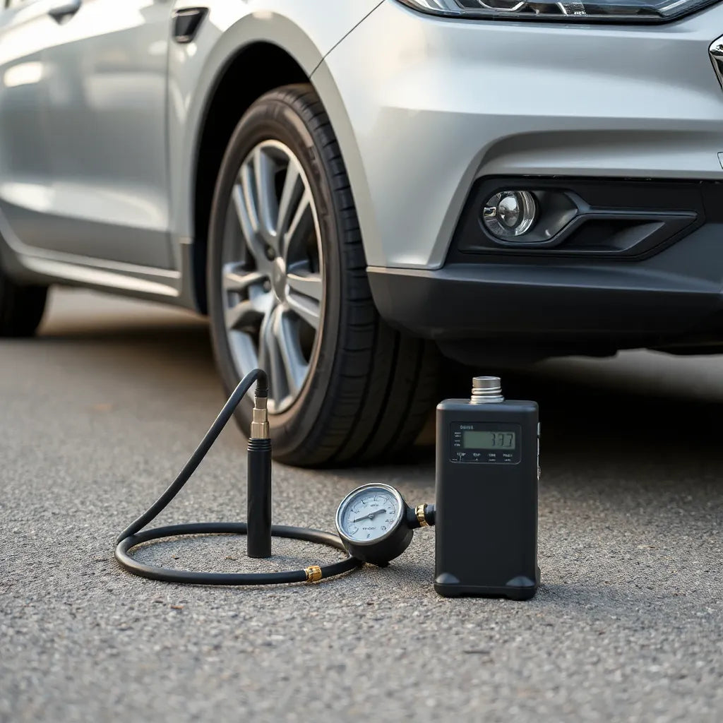 Tire en cours de gonflage avec un inflateur automatique relié à un manomètre