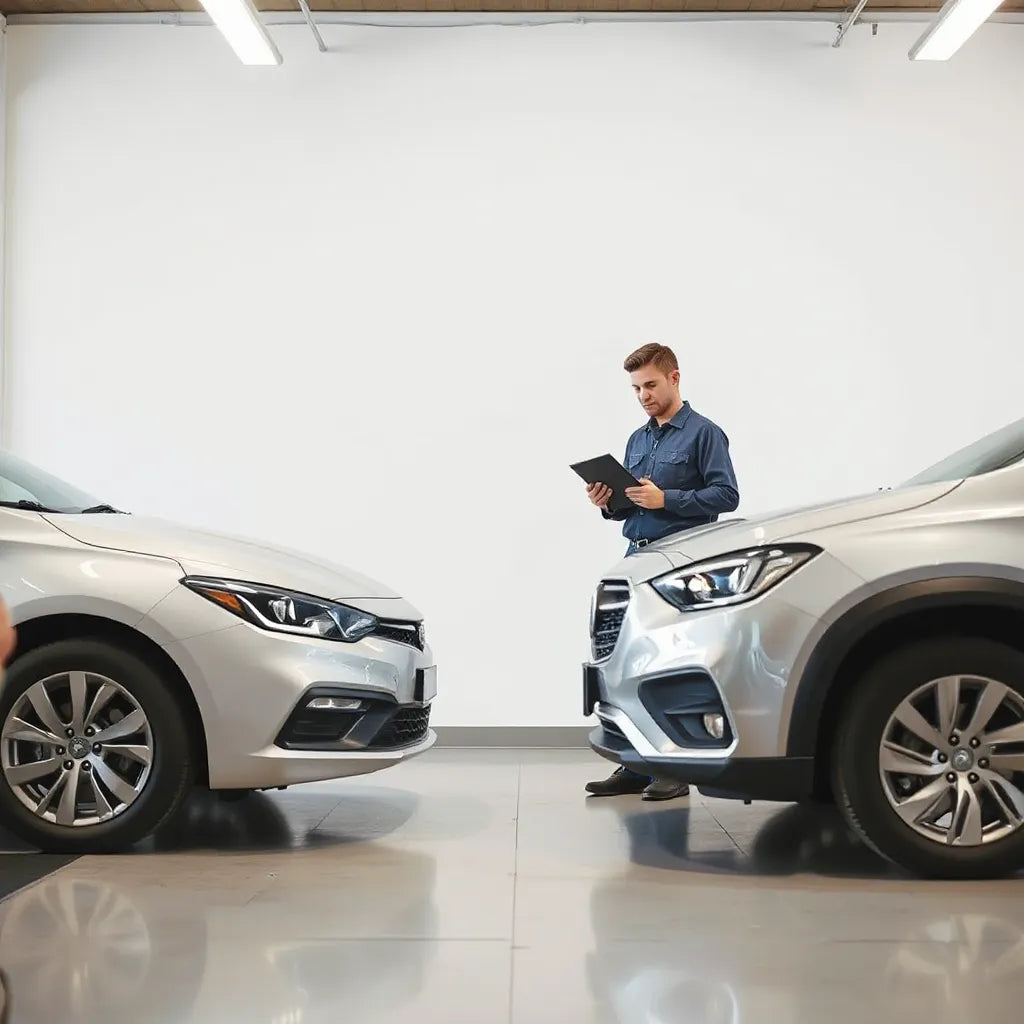 Technicien à côté d’une voiture dans un showroom, consultant un dossier pour la représentation