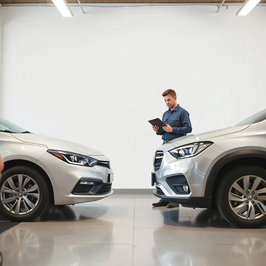 Technicien à côté d’une voiture dans un showroom, consultant un dossier pour la représentation