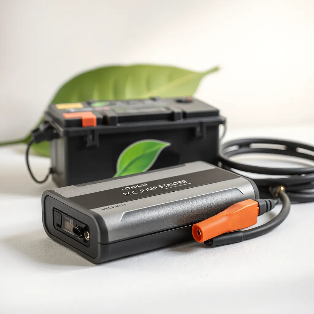 Démarreur au lithium compact posé près d’une batterie de voiture, avec câbles isolés et ambiance verte.
