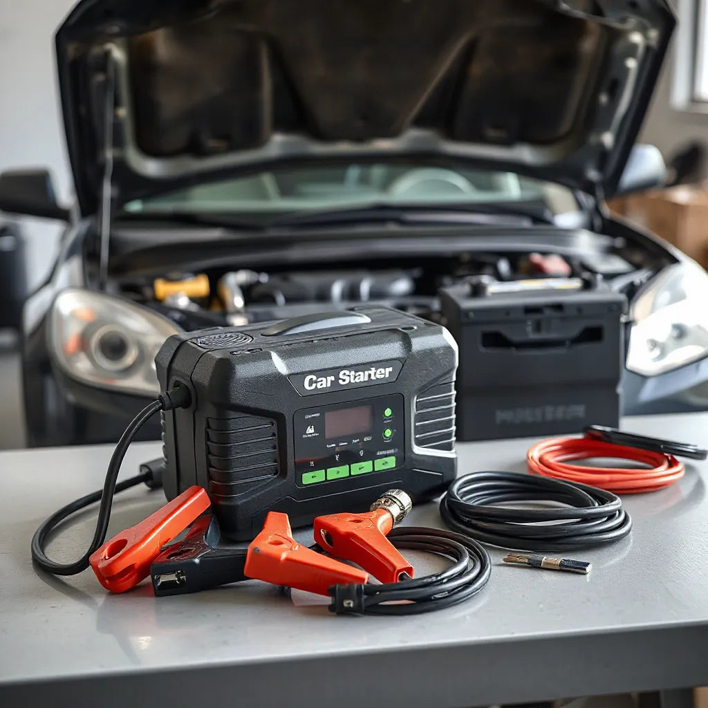 Démarreur portable et câbles de démarrage à côté d’une batterie de voiture sous le capot