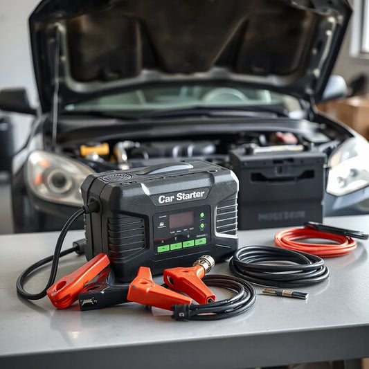 Démarreur portable et câbles de démarrage à côté d’une batterie de voiture sous le capot