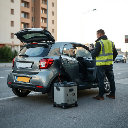 Assistant branche un dispositif de démarrage portable sur la batterie d’une voiture au bord de la route
